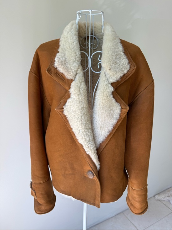 Unbranded Jackets & Blazers - Vintage Shearling Sheepskin Aviator Jacket Tan Leather Coat Size S Oversized